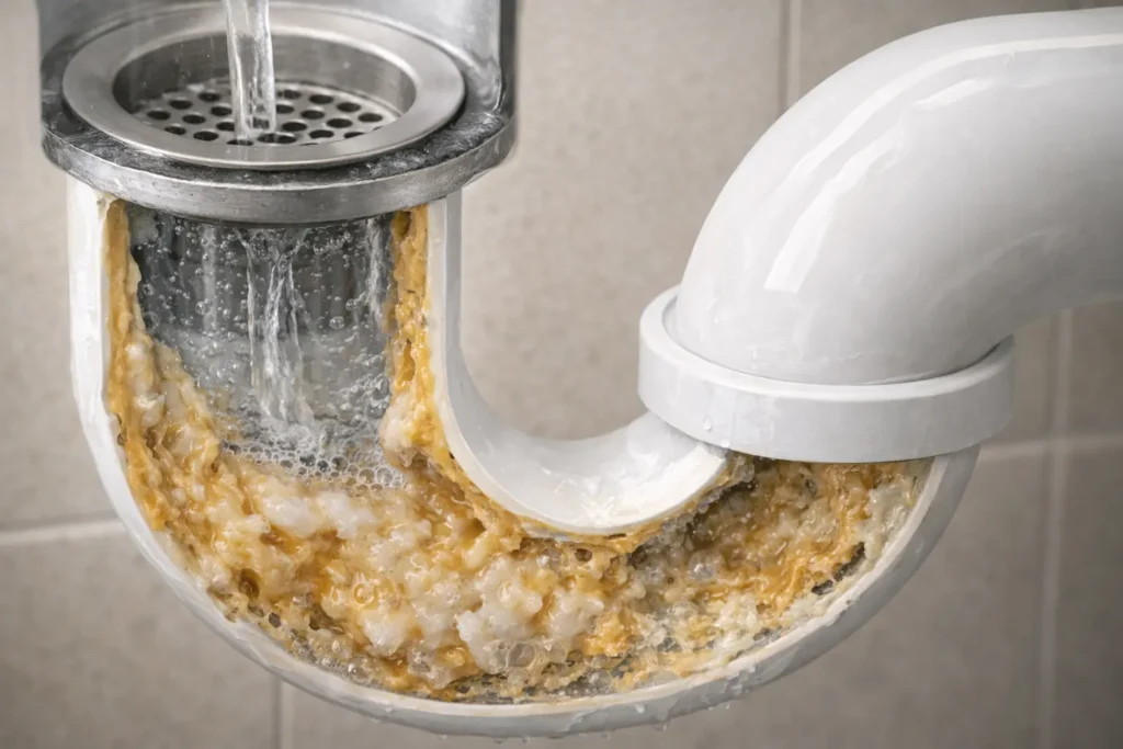 Grease and soap buildup causing slow sink drainage