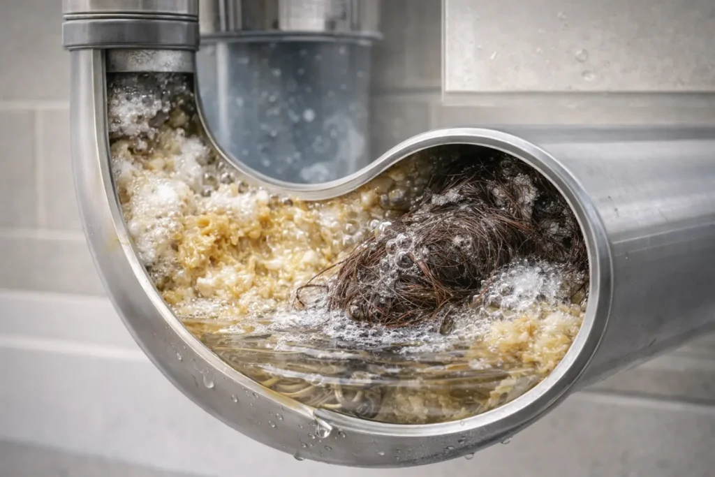 Soap and hair buildup causing clogged drain