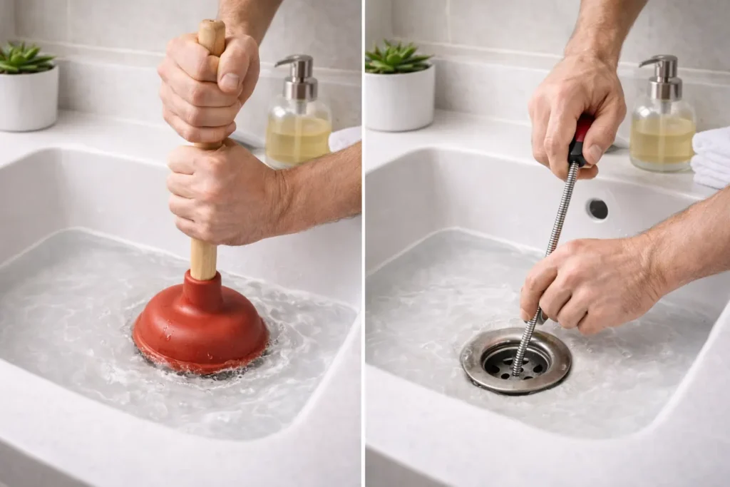Using plunger to unclog drain without chemicals
